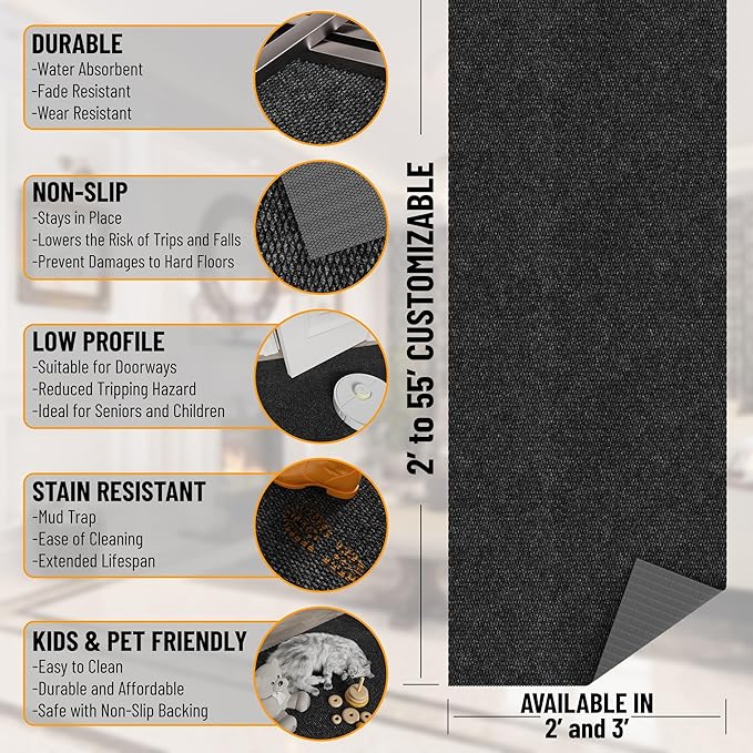 Ottomanson Commercial Scrape Rib Entry Mat – Heavy Duty Ribbed Floor Mat for High Traffic – Non Slip Rubber Back, Waterproof – Indoor Outdoor Use for Offices, Schools, Lobbies, 2' x 35', Black