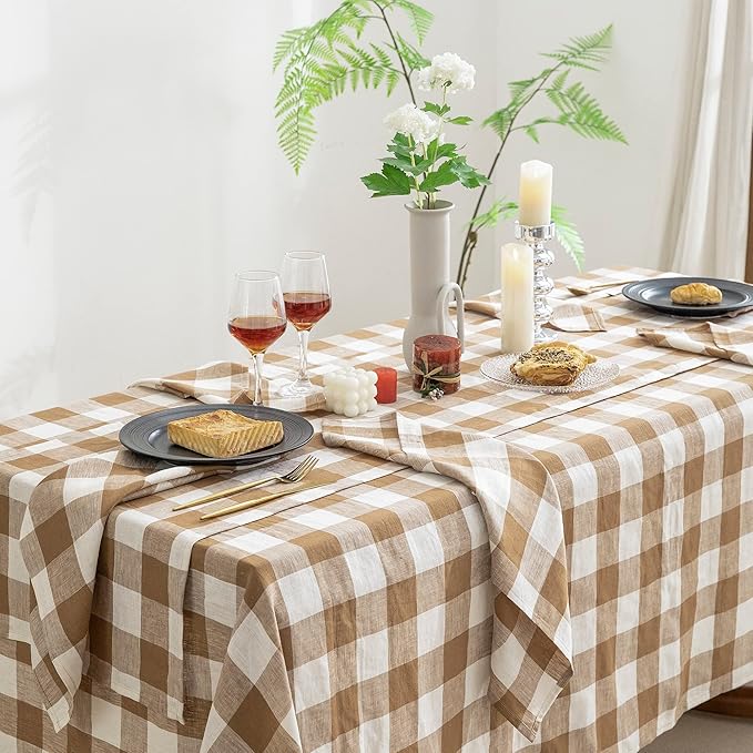 EVERLY 100% Yarn-Dyed Linen Rectangle Tablecloths 60x108Inches for Dining,Buffet Parties,Picnic,Events and Restaurants,Decorative Halloween,Thanksgiving Machine Washable Tablecloths-Brown Plaid