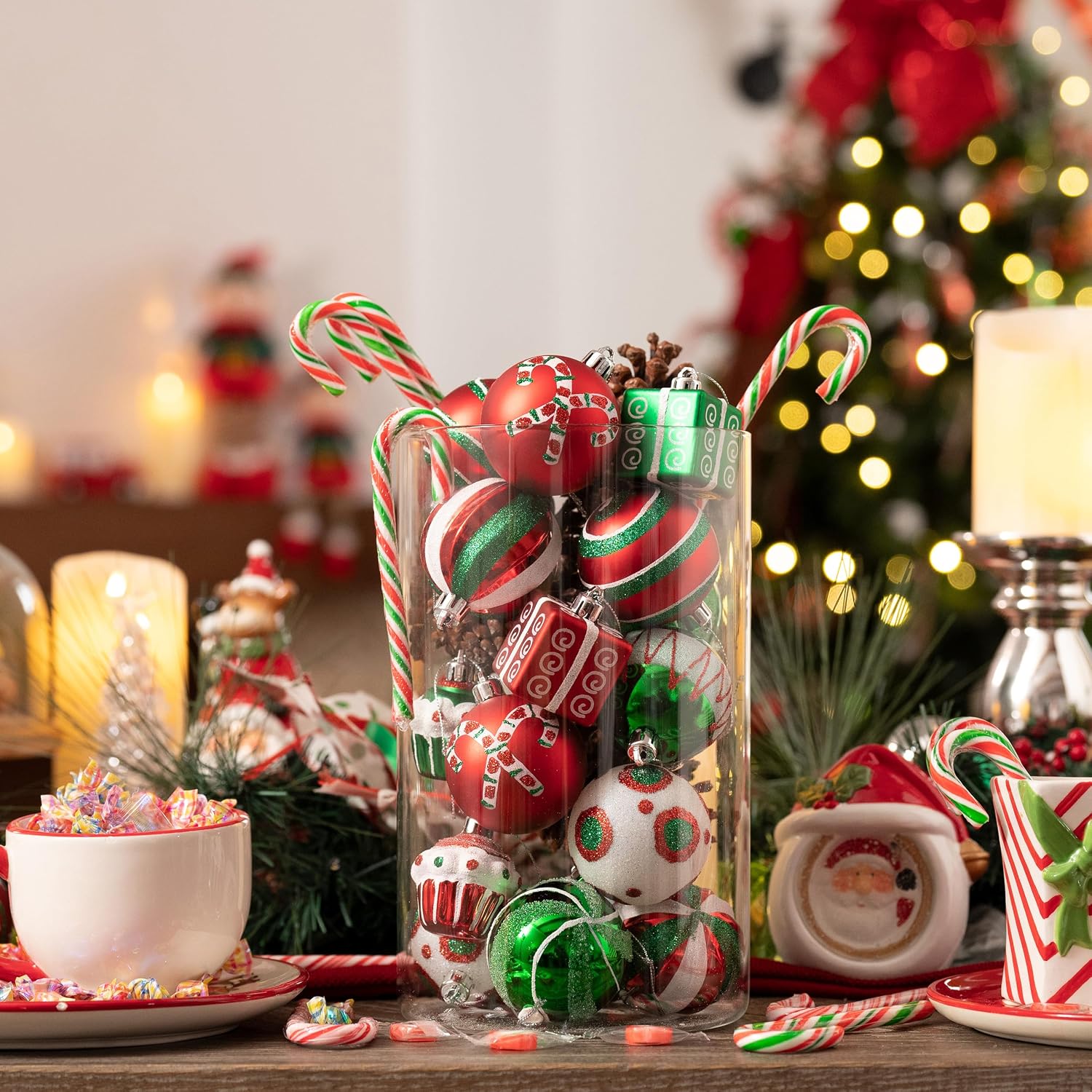 Valery Madelyn Christmas Tree Ornaments Set, 16ct Candy Cane Red Green White Shatterproof Christmas Tree Decorations Bulk, 2.36 Inch Decorative Hanging Ball Ornaments for Xmas Trees Holiday Decor