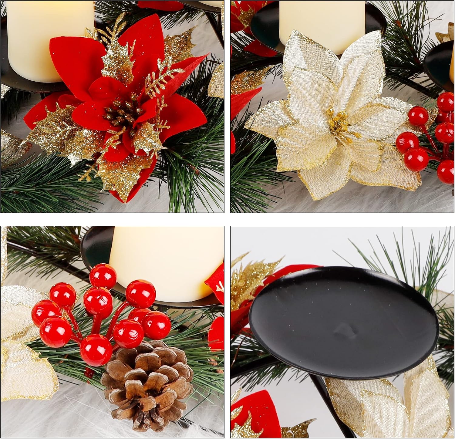 FORUP Christmas Centerpiece, Christmas Candle Holders, Christmas Tabletop Poinsettia Centerpiece with 3 Flameless Candle, Romantic Holiday Candelabrum for Home Party Christmas Table Mantel Decorations