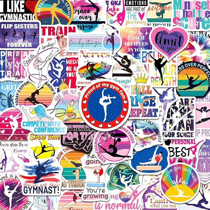 200PCS Gymnastics Stickers for Girls, Motivational Gymnastics Vinyl Stickers for Laptops Water Bottles Notebooks Goodie Bags Party Favors Team Rewards