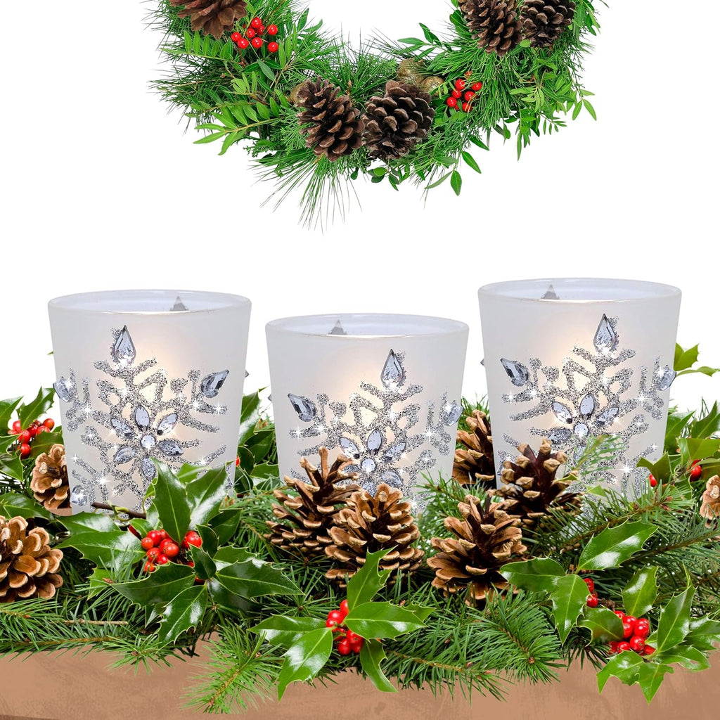 Snowflake Candle Holders with LED Candles, Set of 3 – Lighted Frosted Glass Votive Holders with Glitter Snowflakes and Jewel Accents – Christmas Table, Mantel and Holiday Decor – 2.75 Inch