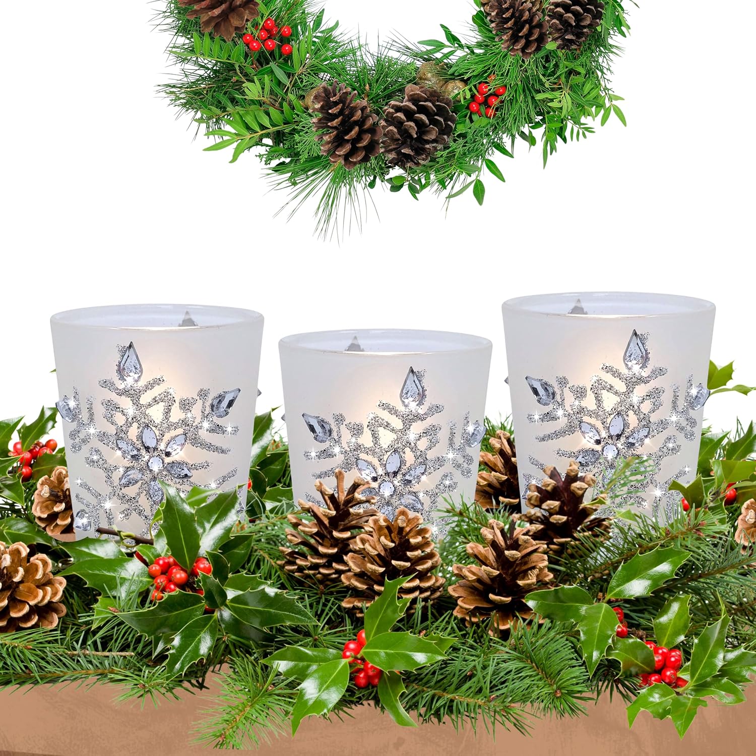 Snowflake Candle Holders with LED Candles, Set of 3 – Lighted Frosted Glass Votive Holders with Glitter Snowflakes and Jewel Accents – Christmas Table, Mantel and Holiday Decor – 2.75 Inch