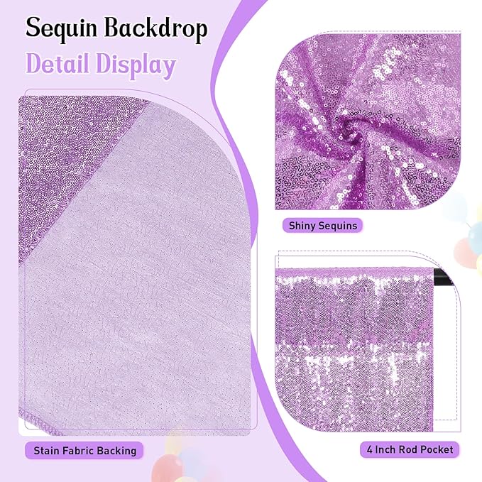 SquarePie Sequin Backdrop Curtain Not See Through Thick Glitter Background for Party 8FT x 10FT Lavender
