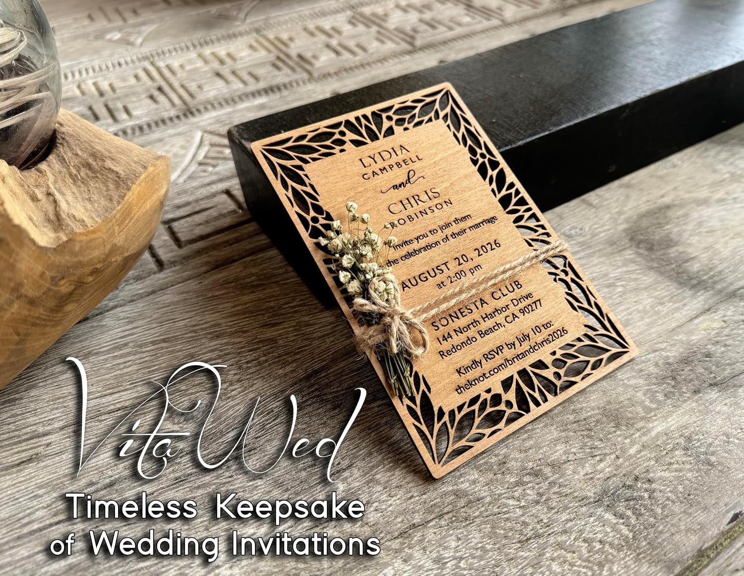 Pack of Floral Personalized Wedding Invitations - Laser Cut Wedding Invitation - Flower Twined Wooden Invitations with Envelopes & Stickers