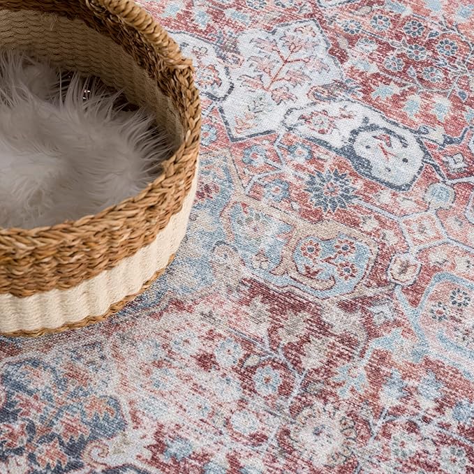 Bloom Rugs Caria Washable Non-Slip 3x5 Rug - Brick/Dark Blue Traditional Area Rug for Living Room, Bedroom, Dining Room, and Kitchen - Exact Size: 3' x 5'