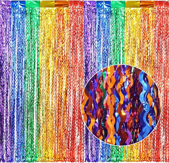 3 Pack Rainbow Foil Curtains - 3.3x6.6ft Metallic Streamers Tinsel Curtains Background for Photo Booth Birthday Weddings Carnivals Graduation