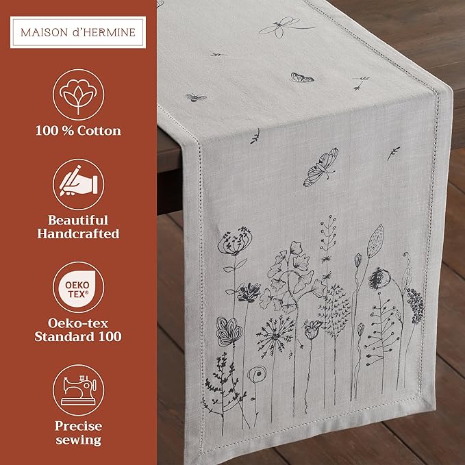 Maison d' Hermine Table Runner 100% Cotton Single Layer Table Runners 72 inches Long Decorative for Home Kitchen Dining Party Baby Shower Wedding Bridal Shower Spring Summer (Flore, 14.50" x 72")