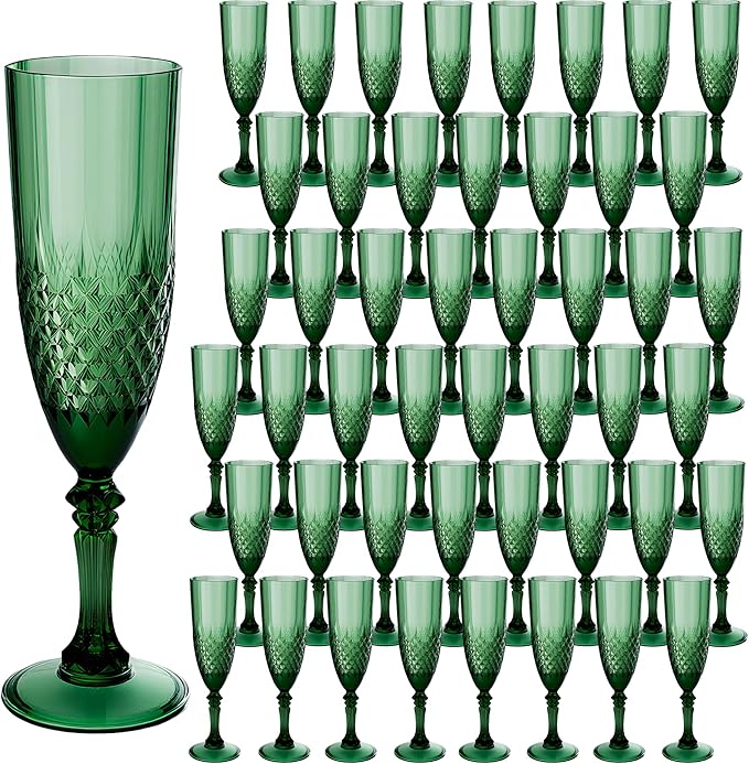 Plastic Champagne Flutes, 48PCS Dark Green Wine Glasses Goblets Cups Reusable Flute, for Christmas Weddings Bachelor Parties Toasting and Events(48, Dark Green)