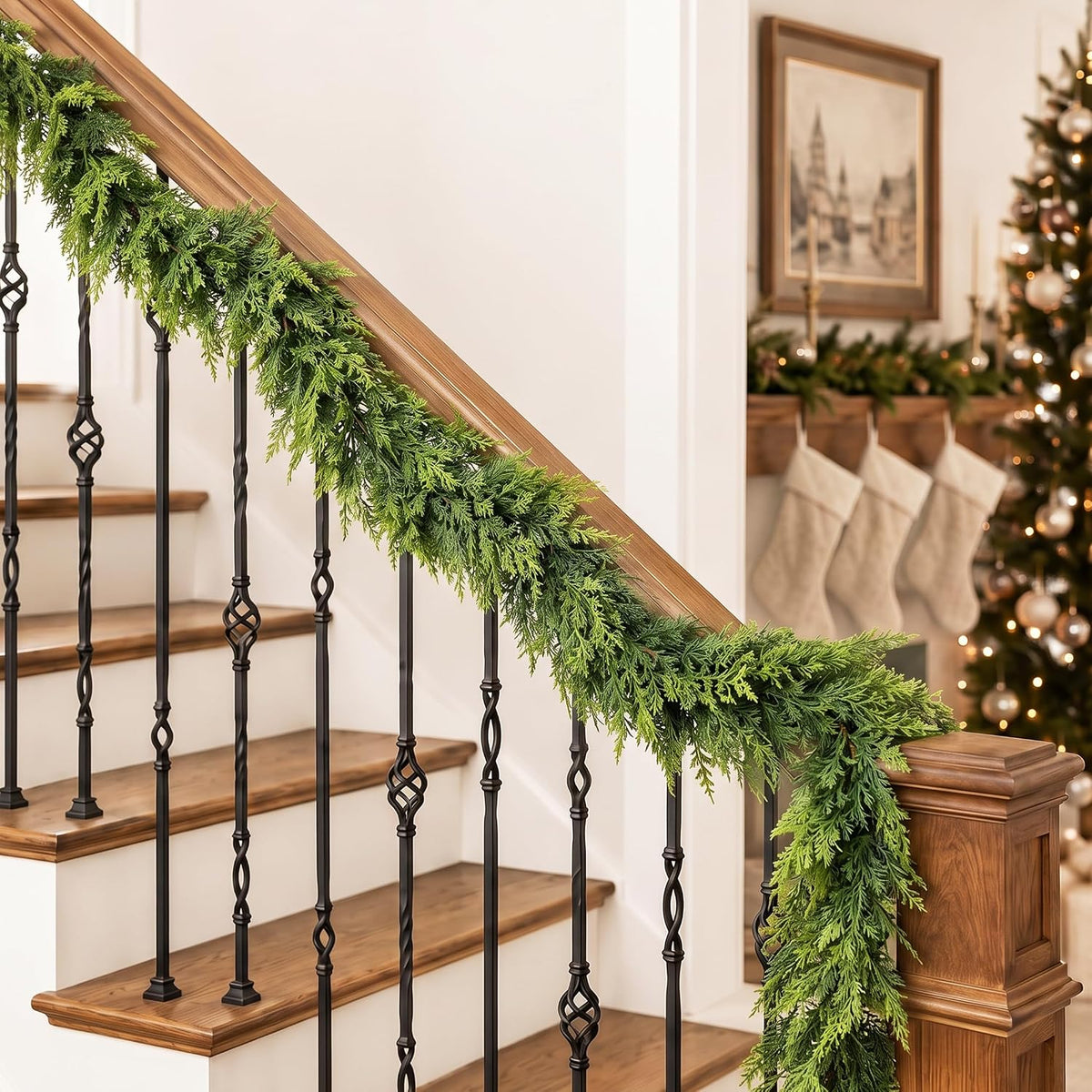 9ft christmas garland, artificial lifelike two-tone cypress flexible, side view