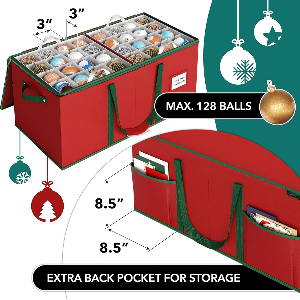 Simple Houseware Heavy-Duty Large Christmas Ornament Storage Box with Adjustable Dividers, Stores up to 128 Ornaments, Zipper Lid, Red