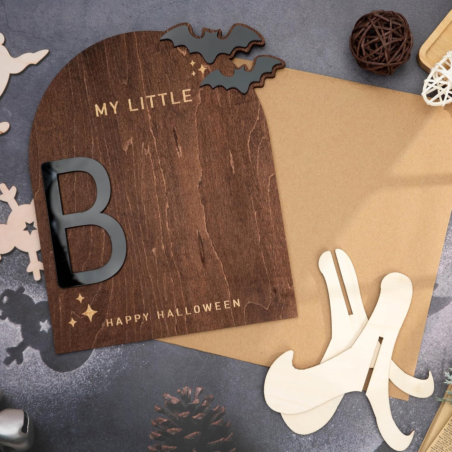 My Little Boo Wooden Halloween Sign – Baby Footprint Ghost Keepsake Plaque – Happy First Halloween Nursery Décor – Rustic Wooden Tabletop Sign for Newborn. Halloween baby