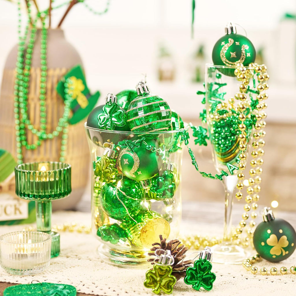 Valery Madelyn St Patricks Day Decorations Shamrock Tree Ornament Set, 36ct 2inch Hanging Ball Ornament Irish Festival Decor, Good Luck Clover Green Gold Christmas Ball for Party Home Spring