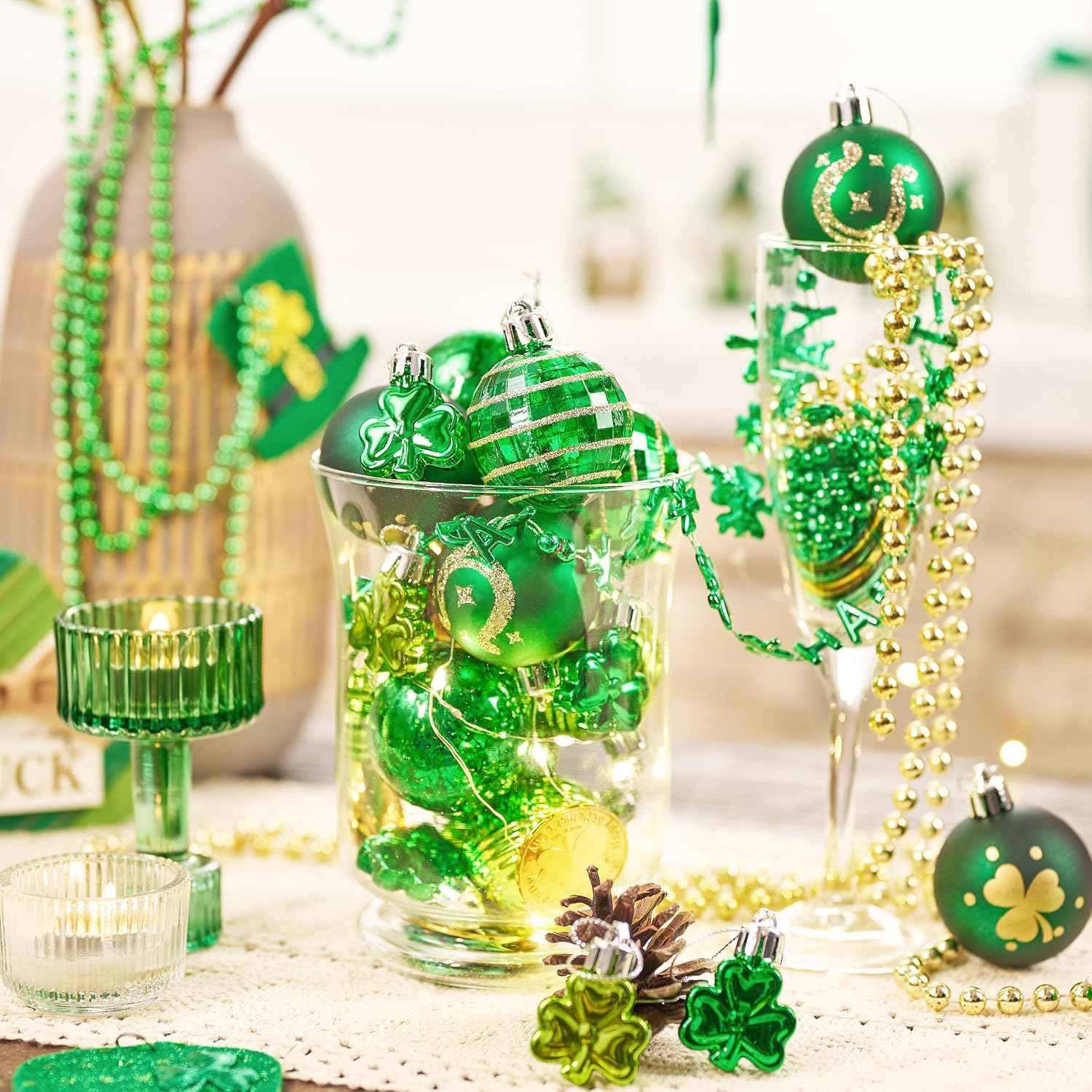 Valery Madelyn St Patricks Day Decorations Shamrock Tree Ornament Set, 36ct 2inch Hanging Ball Ornament Irish Festival Decor, Good Luck Clover Green Gold Christmas Ball for Party Home Spring