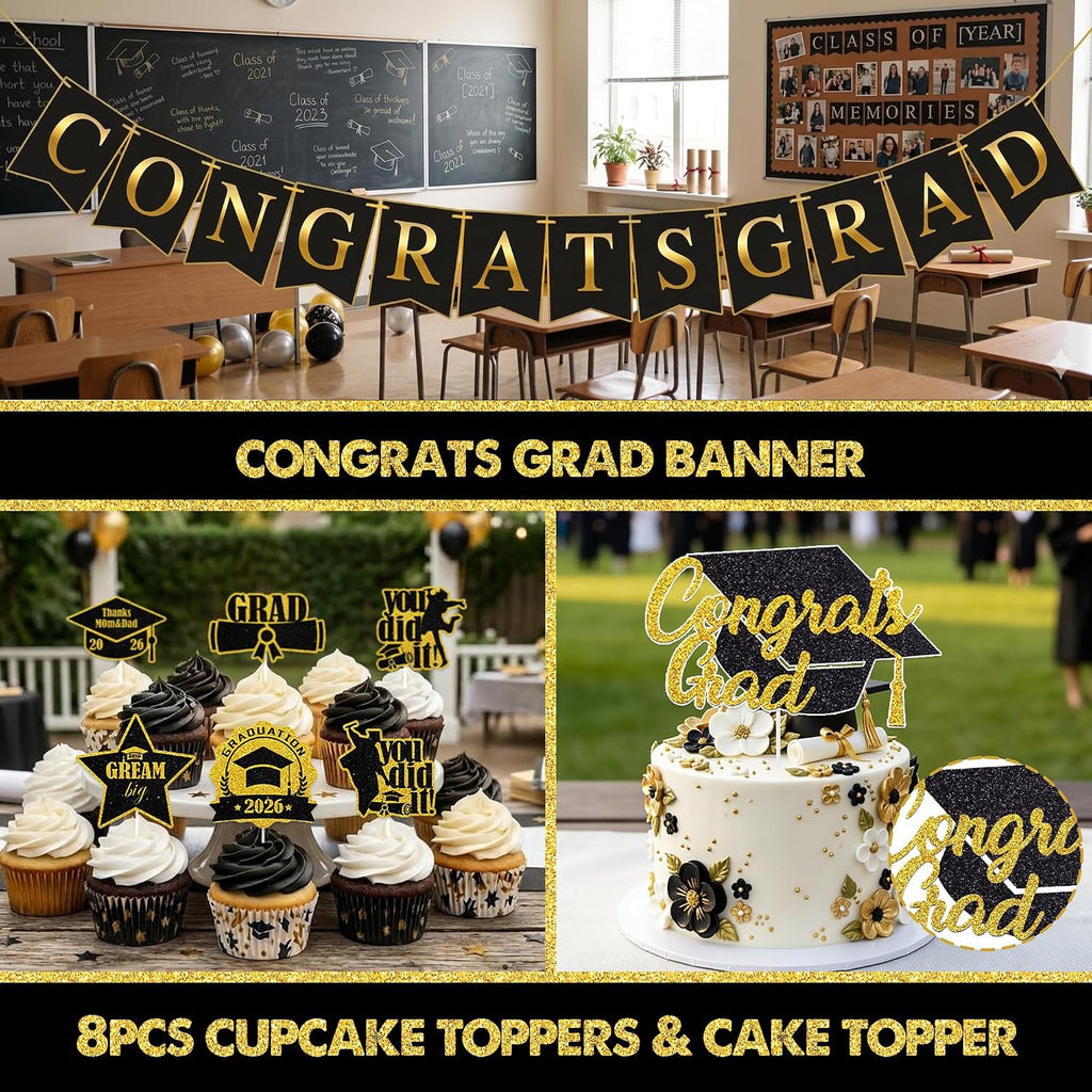 graduation party decorations 2026 kit, black gold congrats, package contents