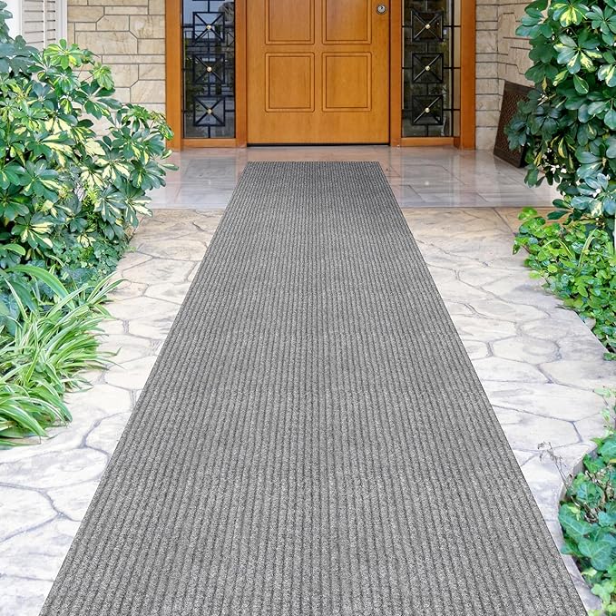 Ottomanson 2' x 22' Hallway Runner with Scraper Pile Extra Durable Non-Slip Rug Mat for Indoor & Outdoor Use - Ideal for Kitchen, Entryway, Patio & Garage - High-Traffic Carpet, Gray