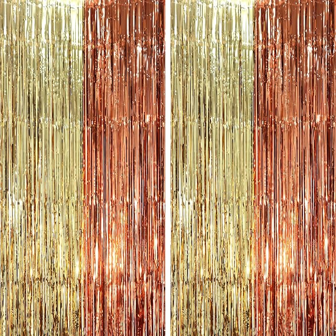 2 Pack Rose and Champion Foil Fringe Backdrop Curtains, Tinsel Streamers Party Decorations, Fringe Backdrop, Door Shimmer for Anniversary or Birthday Party