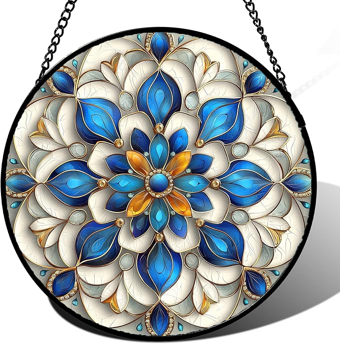 Stained Glass Window Hanging - Blue and White Abstract Flowers Suncatcher for Door Terrace Garden Home Decor, Gold Sun Catcher Birthday Gifts for Lovers Women Men Dad Mom Nana 7.8 in