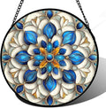 Stained Glass Window Hanging - Blue and White Abstract Flowers Suncatcher for Door Terrace Garden Home Decor, Gold Sun Catcher Birthday Gifts for Lovers Women Men Dad Mom Nana 6.3 in