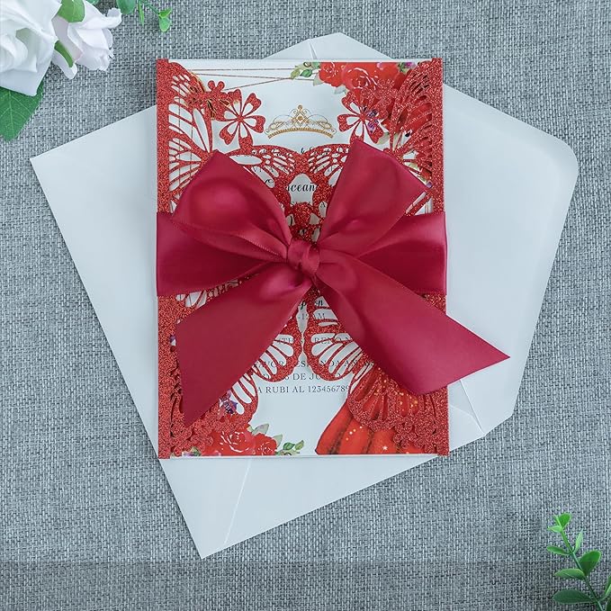 20 PCS 5.12x7.2 Butterfly Quinceanera Invitation, Laser Cut Wedding Invitation Cards with Envelopes for XV Anos Bridal Shower Baby Shower Invite (Red Glitter)