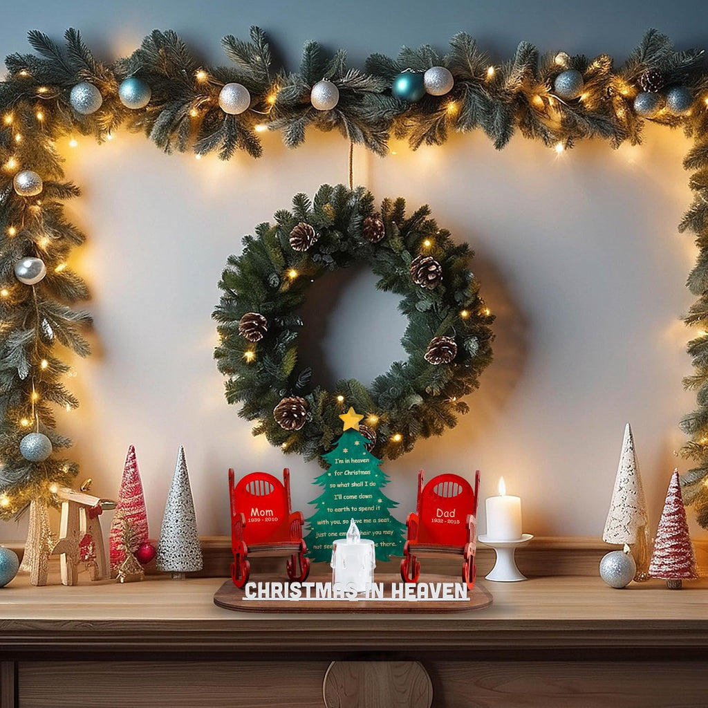 Memory Christmas in Heaven Wooden Candle Holder, Sympathy Gift for Loss of Mom Dad Grandpa Grandma Xmas Tree Personalized Name Decoration Christmas in Heaven Rocking Chair Keepsake Bereavement Gift