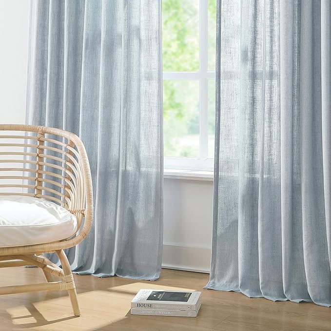 Vision Home Blue Fog Pinch Pleated Semi Sheer Curtains Textured Linen Blended Light Filtering Window Curtains 102 inch for Living Room Bedroom Patio Pinch Pleat Drapes with Hooks 1 Panel 60" Wx102 L