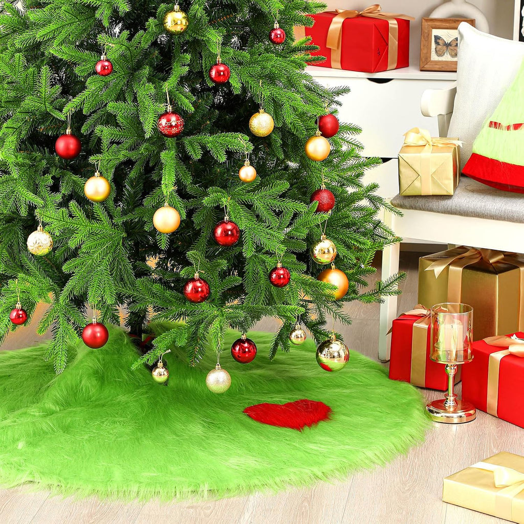 48 Inch Christmas Tree Skirt Lime Green Mat Faux Fur Large Xmas Tree Skirts Christmas Decoration Mat Round Plush Carpet for Holiday Party Decorations Ornament