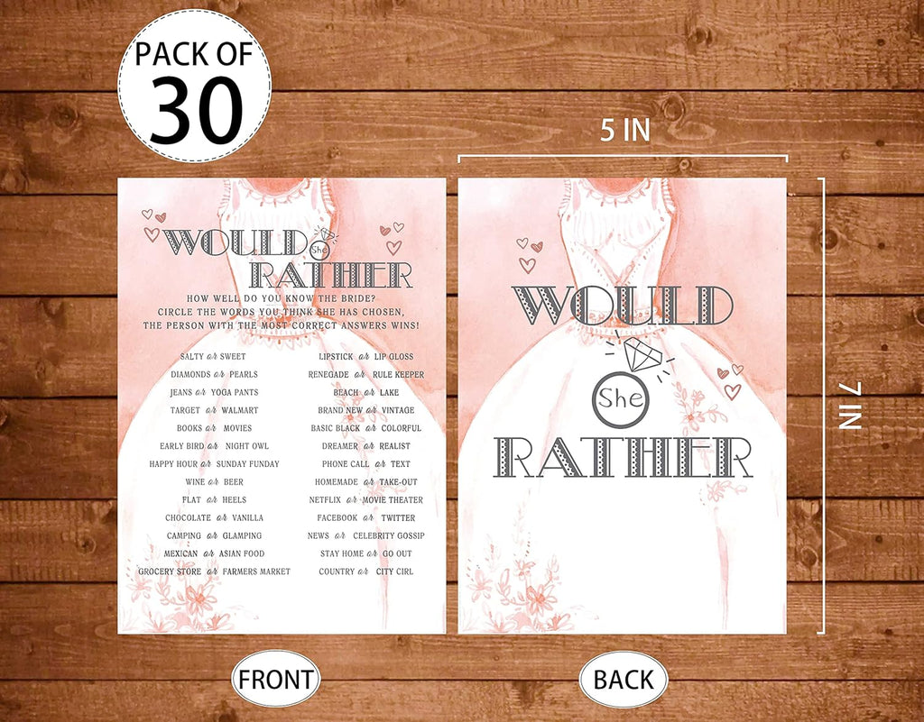 Bridal Shower Games, Wedding Games For Showers, Would She Rather, Engagement Bachelorette Party Game, Bridal Shower Decorations, 30 Cards Per Set (Suit010)