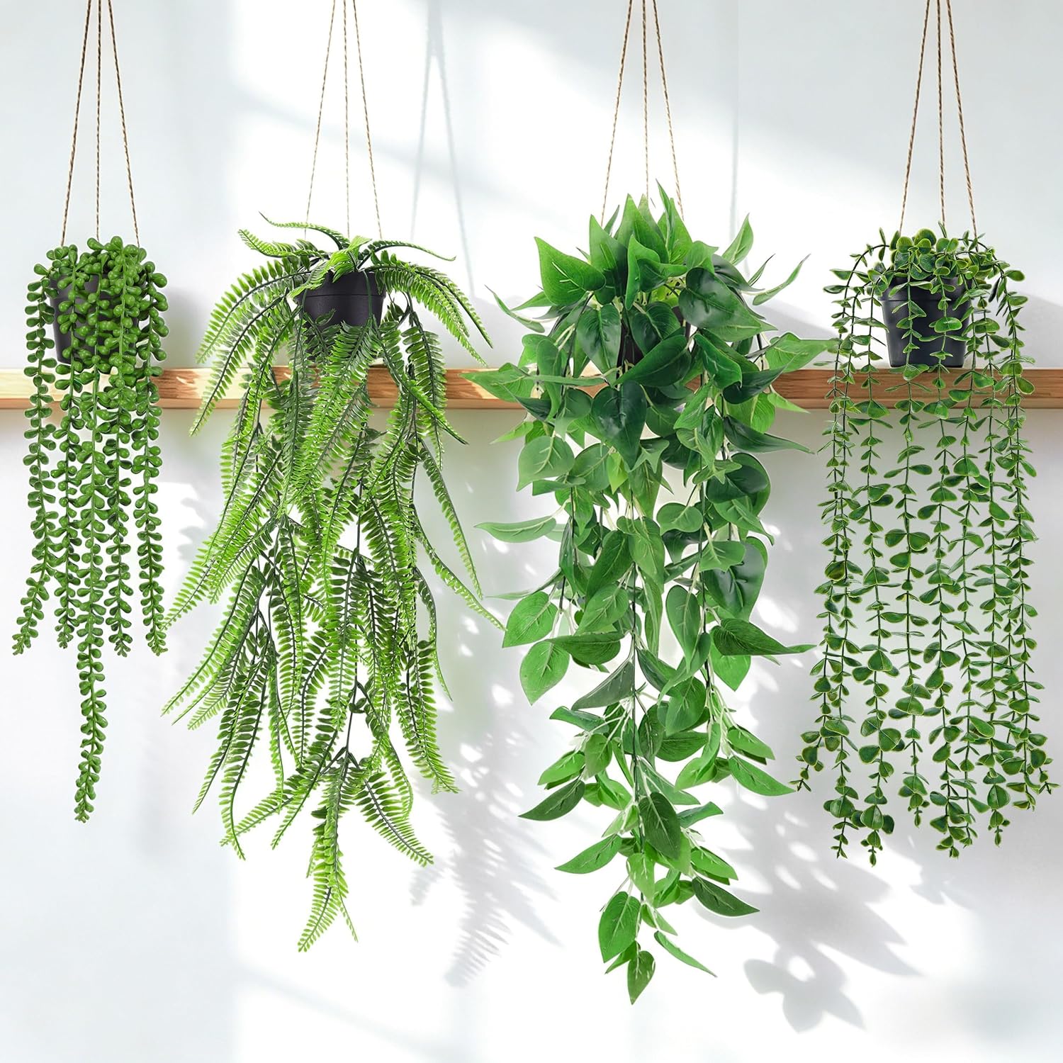 Der Rose 4Pcs Fake Plants Hanging Artificial Ivy Vine Faux Eucalyptus Hanging Plants, Boston Fern, String of Pearls for Living Room Aesthetic Bedroom Boho Kitchen Wall Shelf Indoor Outdoor Decor