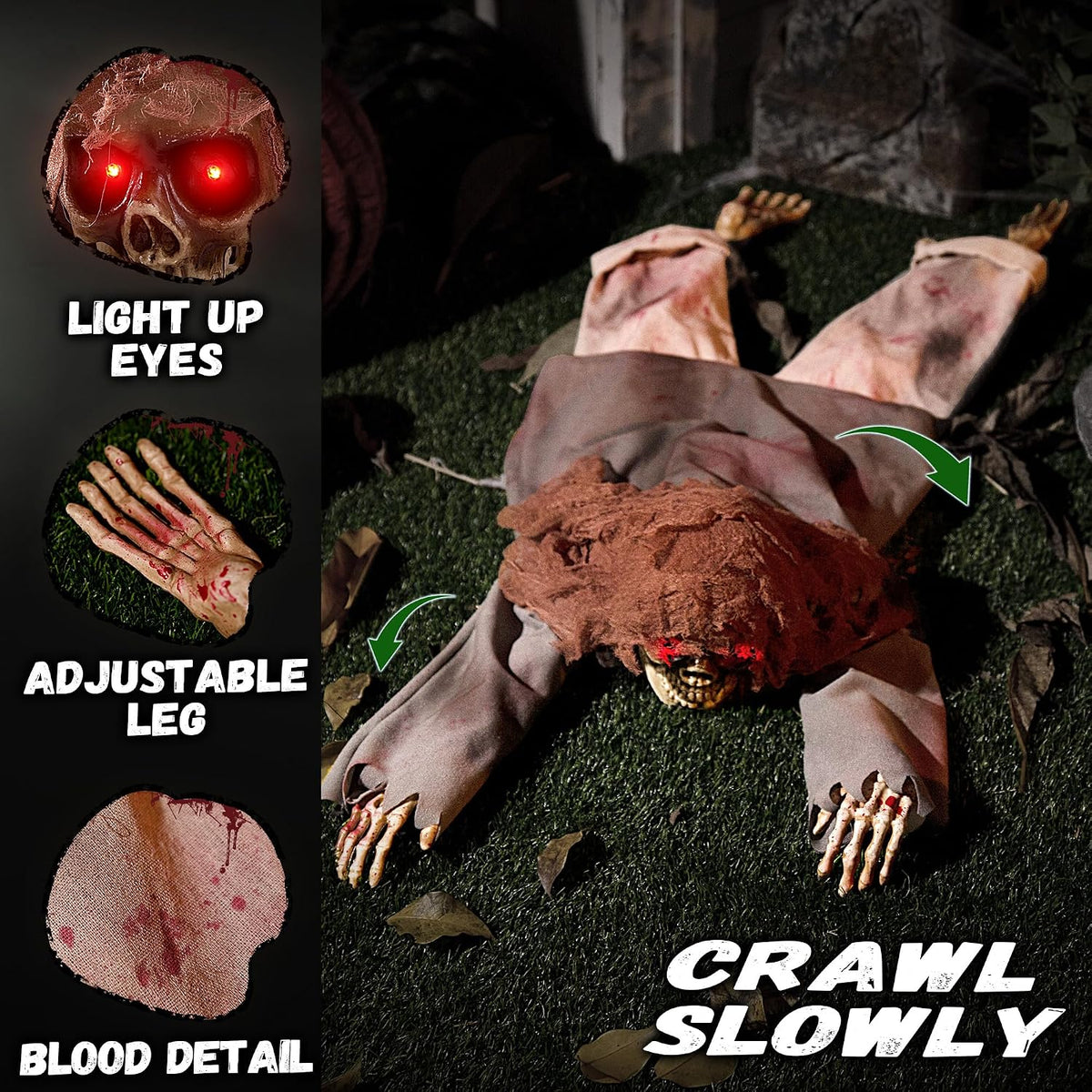 Halloween Animatronic 45" Crawling Zombie - Animated Skeleton Decoration...