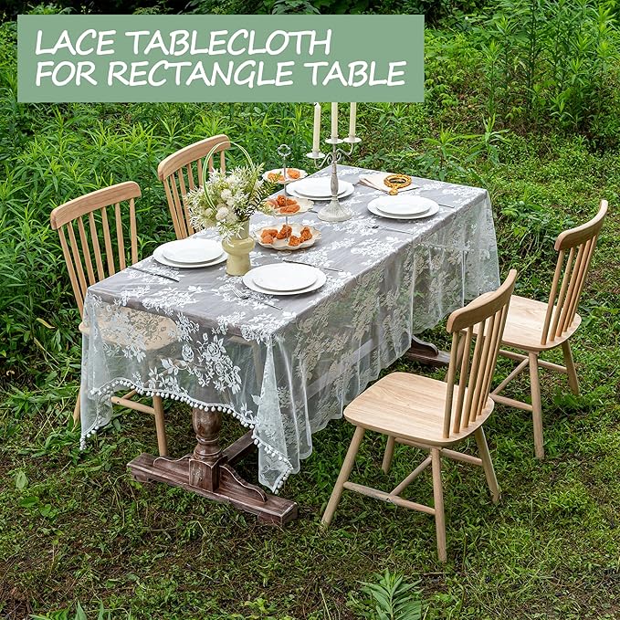 Jayla White Lace Tablecloth for Rectangular Tables, Vintage Style Wedding Table Cloths for Reception, Baby Shower, Birthday Party, Formal Dining, Dinner Parties 60 X 102 Inches