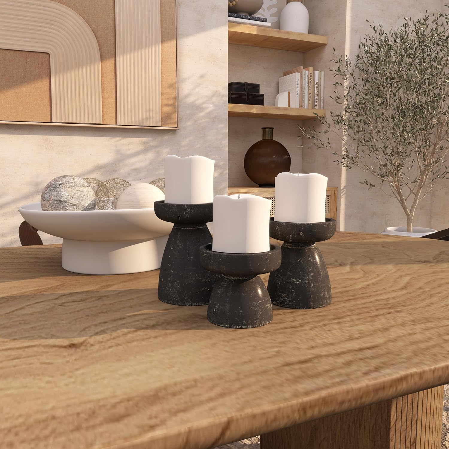 Deco 79 Wood Decorative Candle Holder Candle Stand, Set of 3 Candlestick Holder 6", 5", 4"H, Black