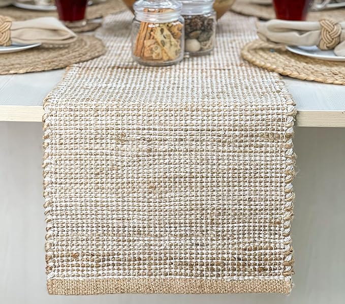 Chardin home Natural Jute Table Runner 13x108 Inch – Vintage Boho Rustic Table Decor – Handwoven Long Table Runner in Natural Jute and Ivory – Farmhouse Dining or Console Table Accent
