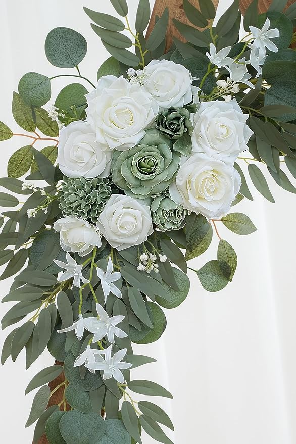 2-Pack Sage Green & White Wedding Flower Swag Set, Large: 35.43"L x 14.56"W, Small: 24.80"L x 12.99"W, Artificial Flowers for Wedding Arch, Ceremony, Table Centerpieces, Wall Hanging