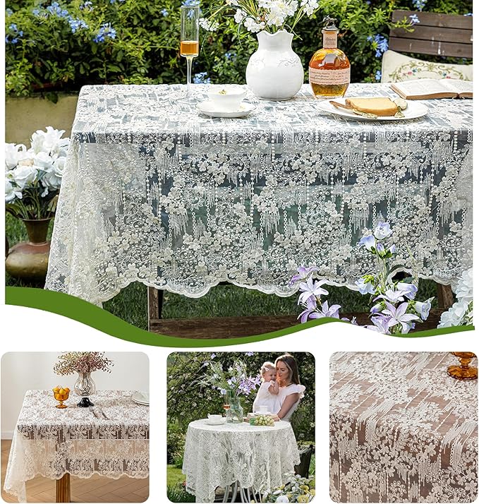 Lace Embroidered Tablecloth. Square Lace Vintage Tablecloth Dustproof Table Protector for Kitchen Dining Room Party Banquet Home Picnic Wedding Decoration (Creamy White 35.5×53 inch)