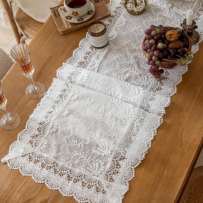 White Elegant Vintage Lace Table Runner,Wedding Lace Decor with Floral Embroidery,Tea Party Decor (White, 13.8X86 Inches)