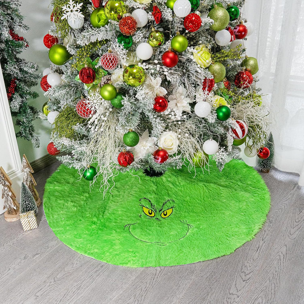48 inch Green Christmas Tree Skirt, Plush Faux Fur Xmas Tree Skirt | Whimsical Funny Velvet Farmhouse Tree Skirt Decorations for 6-7 ft Tree Halloween Xmas Holiday Party