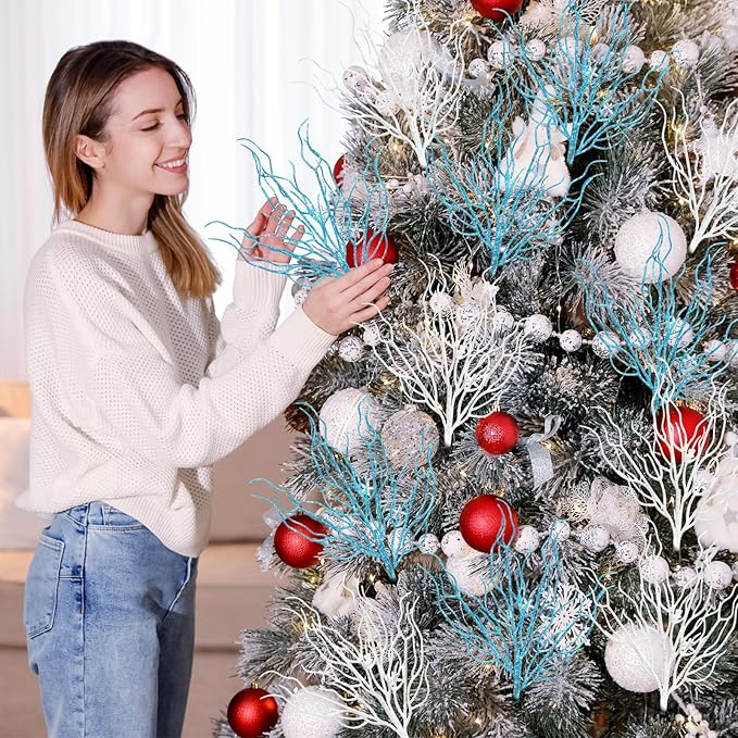 8 Pcs Blue White Coastal Ornaments for Christmas Tree 15.7inch Glitter Coral Beach Ocean Spray Pick Branch Christmas Tree Topper Decorations Filler Twigs for Xmas Vase Wreaths Gift