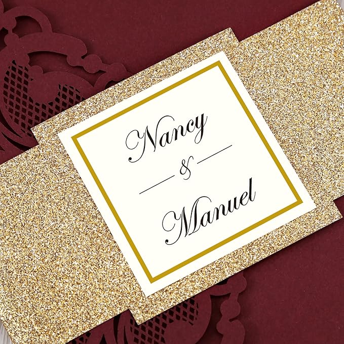 DORIS HOME 50PCS Laser Cut Wedding Invitations with Envelopes and RSVP Cards Personalized Inner With Gold Glitter Belly Band for Wedding Engagement Bridal Shower Party Invite 4.7x7 Inch Burgundy