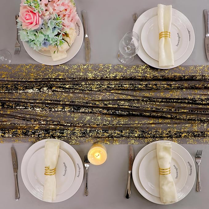 Snowkingdom 10 Pcs Black & Gold Cheesecloth Table Runner 10 FT, Sheer Chiffon Sparkle Gauze Mesh Runners 120 Inch, Glitter Table Centerpieces Decoration for Birthday Party Wedding Christmas Halloween