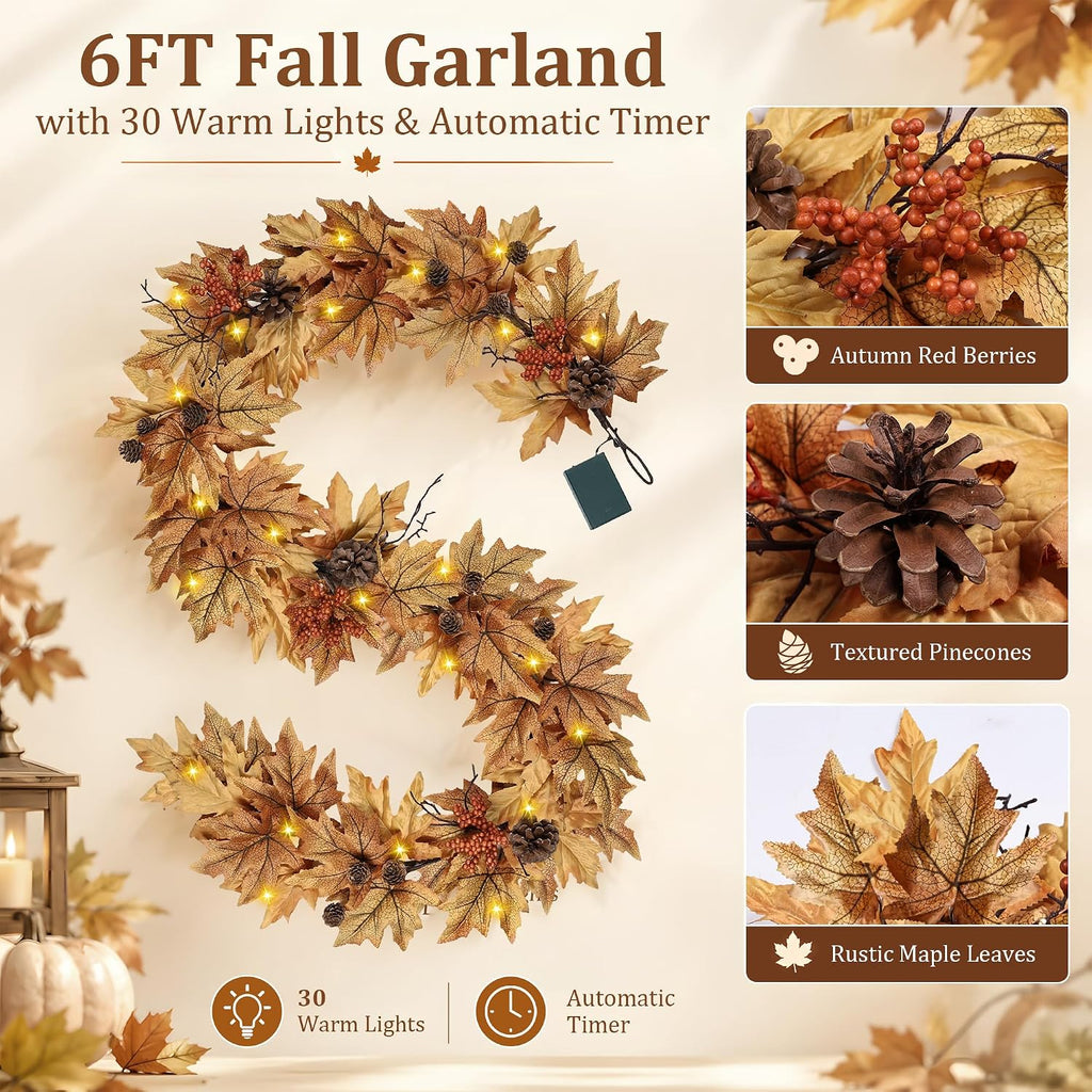 6ft lighted fall garland with 30 lights & shown in use