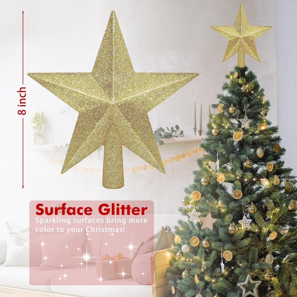 Christmas Tree Star Topper, 8" Gold Xmas Star Tree Decorations, 3D Shatterproof Bethlehem Star Tree Topper Decorations, Waterproof Christmas Tree Topper Decor for Holiday Home Outdoor Ornament