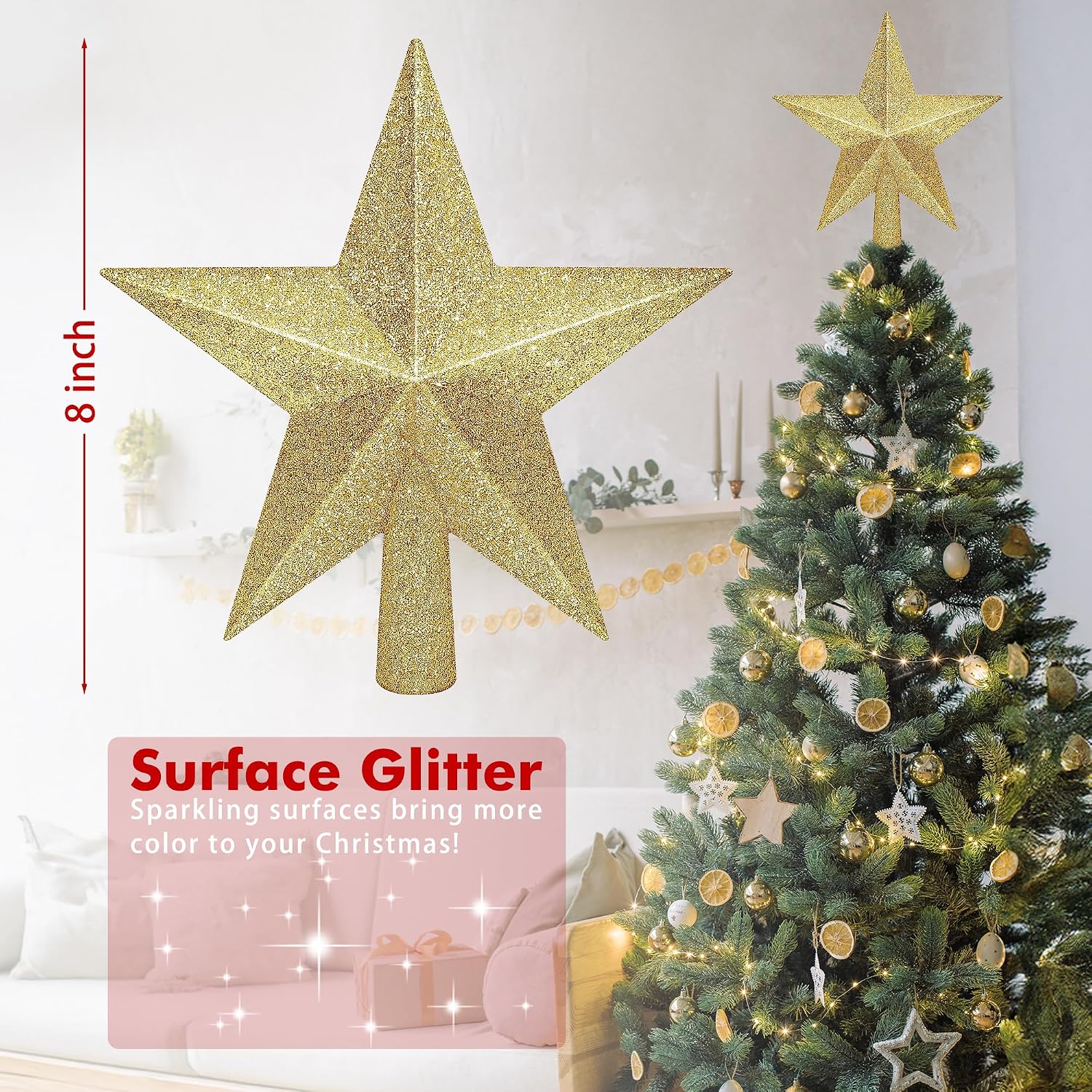 Christmas Tree Star Topper, 8" Gold Xmas Star Tree Decorations, 3D Shatterproof Bethlehem Star Tree Topper Decorations, Waterproof Christmas Tree Topper Decor for Holiday Home Outdoor Ornament