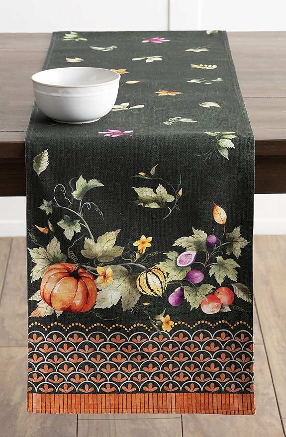 Maison d' Hermine Table runner 100% Cotton Double Layer Table Runners 72 inches long for Thanksgiving Christmas Decorations Home Kitchen Dining Party Wedding (Pumpkin Garden - Dark Green, 14.5" x 72")