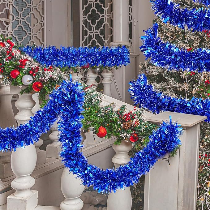 72 Feet Christmas Tinsel Garland Shiny Metallic Tinsel Twist Garland Streamers Ornaments Long Glitter Christmas Tree Hanging Decorations for Party Holiday Wedding Birthday Tree Wall Rail (Blue)