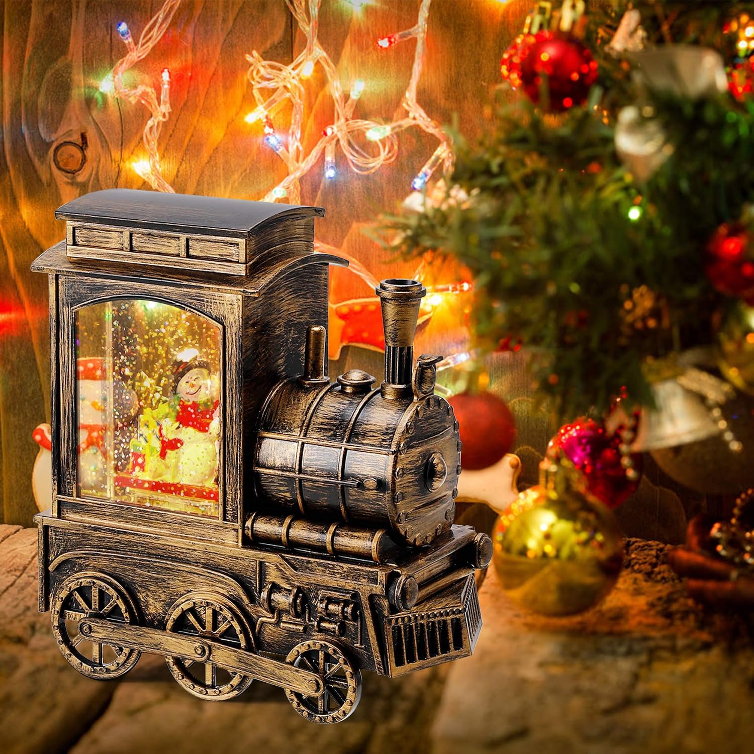 IPOW Christmas Snow Globe Lantern Train with Water Swirling Glitter, Musical and Lighted 6 Hours Timer USB Powered & Battery Operated Music Box for Christmas Home Decoration Gift, Snowman Scene