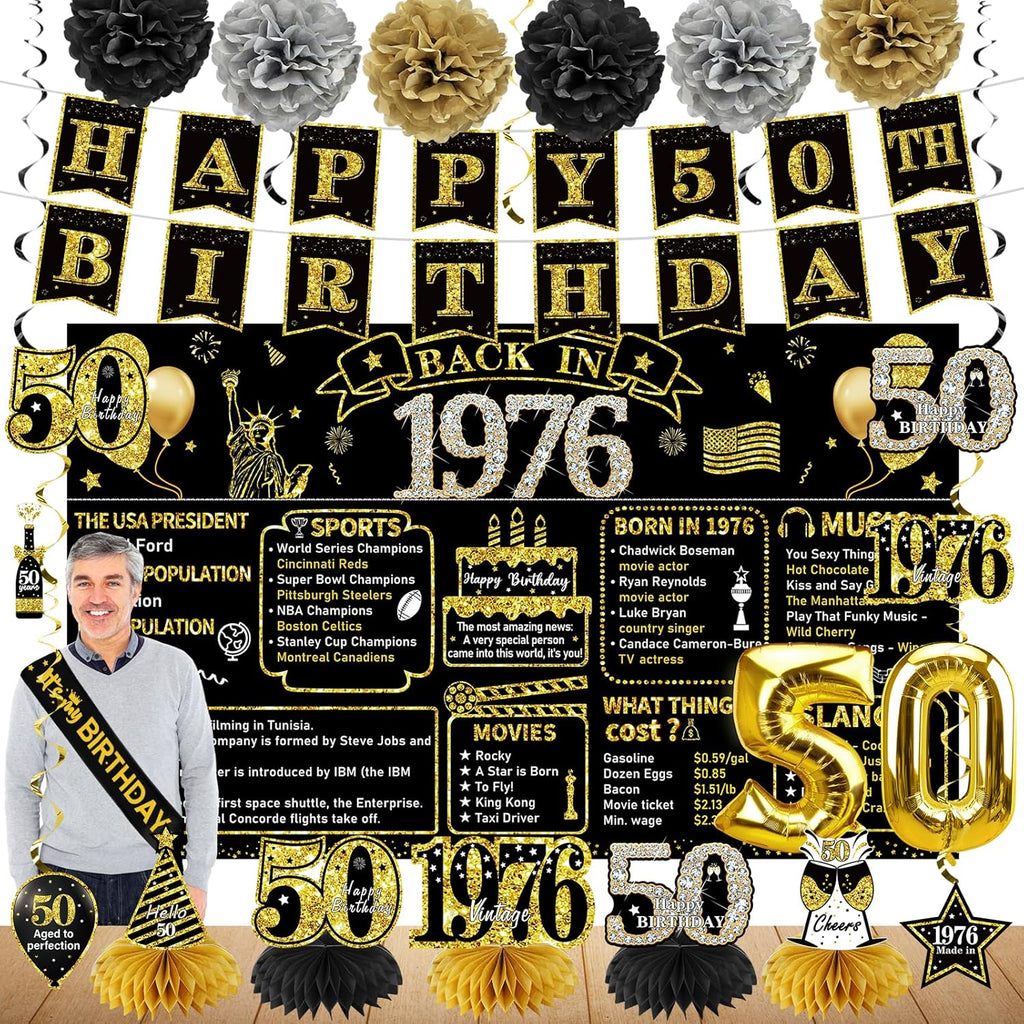 Zirtorei 50th Birthday Decorations for Men Women, 21pcs the Year 1976 Banner Balloon Party Supplies, Black Gold 50 Year Old Birthday Backdrop, 50 Bday Honeycomb Centerpiece Hanging Swirls Sash Gifts
