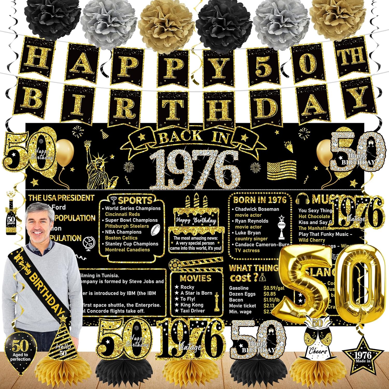 Zirtorei 50th Birthday Decorations for Men Women, 21pcs the Year 1976 Banner Balloon Party Supplies, Black Gold 50 Year Old Birthday Backdrop, 50 Bday Honeycomb Centerpiece Hanging Swirls Sash Gifts