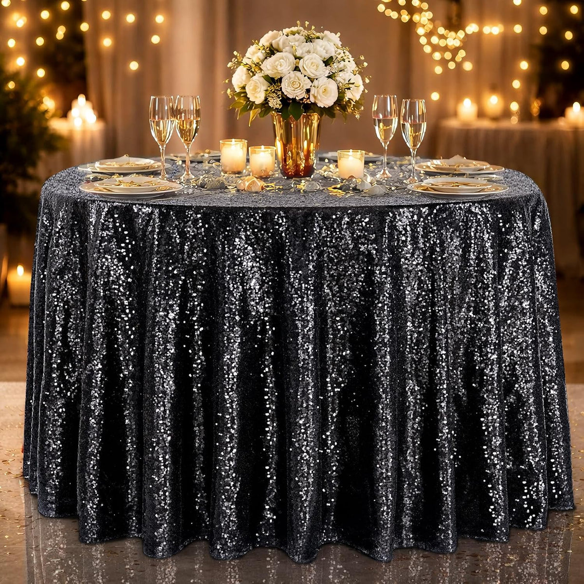 B-COOL Black Sequin Tablecloth Parties Decor Round Sequin Overlay Shimmer