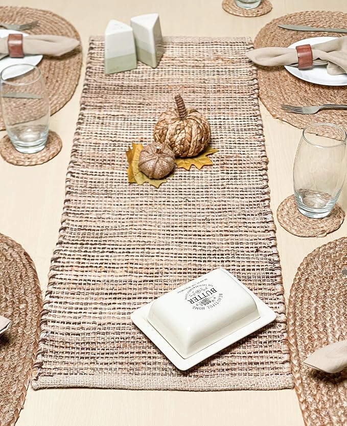 Chardin home Natural Jute Table Runner 13x36 Inch – Vintage Boho Rustic Table Decor – Handwoven Table Runner in Natural Jute and Brown – Farmhouse Dining or Console Table Accent